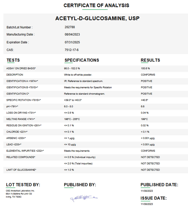 Acetyl-D-Glucosamine USP Certificate of Analysis