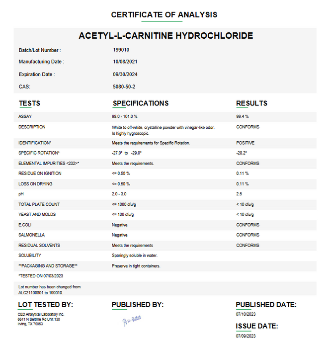 Acetyl-L-carnitine Hydrochloride Certificate of Analysis