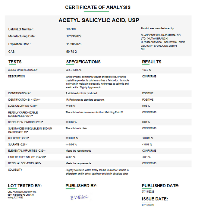 Acetyl Salicylic Acid USP Certificate of Analysis