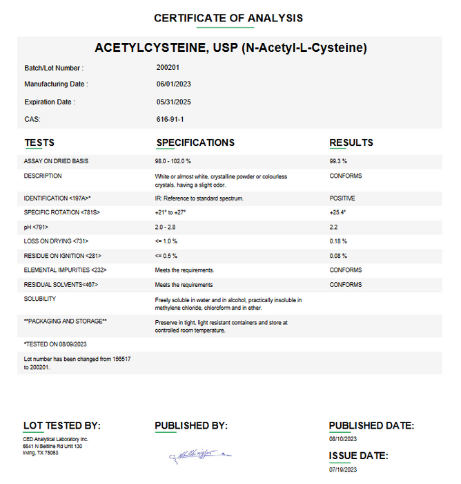 Acetylcysteine USP (N-Acetyl-L-Cysteine) Certificate of Analysis