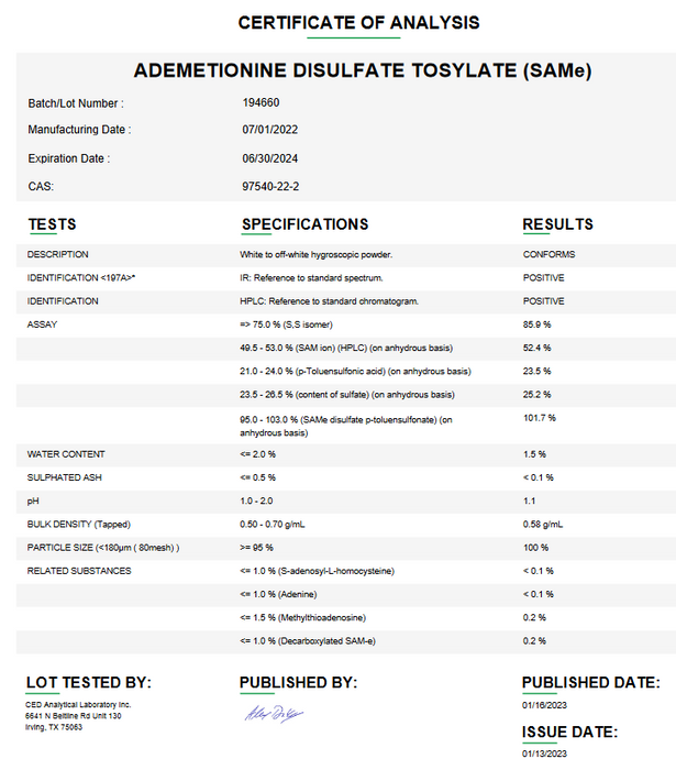 Ademetionine Disulfate Tosylate (SAMe) Certificate of Analysis