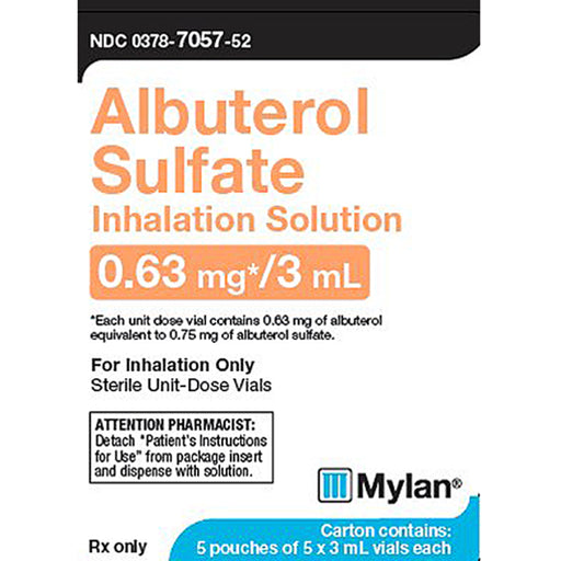 Buy Mylan Pharmaceuticals Albuterol Sulfate for Inhalation 0.63 mg Ampules 3 mL x 25/Box - Mylan (Rx)  online at Mountainside Medical Equipment