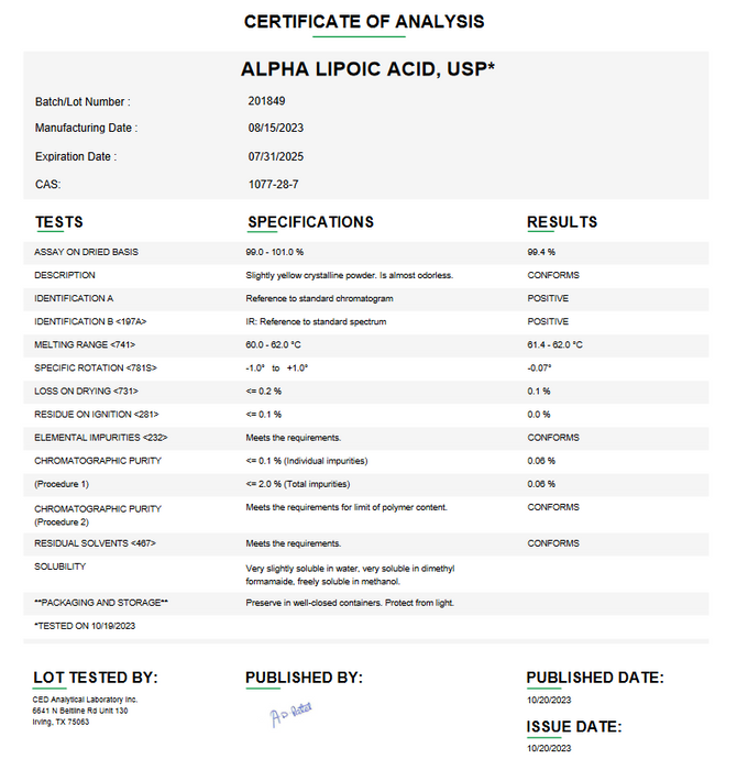 Alpha-lipoic Acid USP Certificate of Analysis