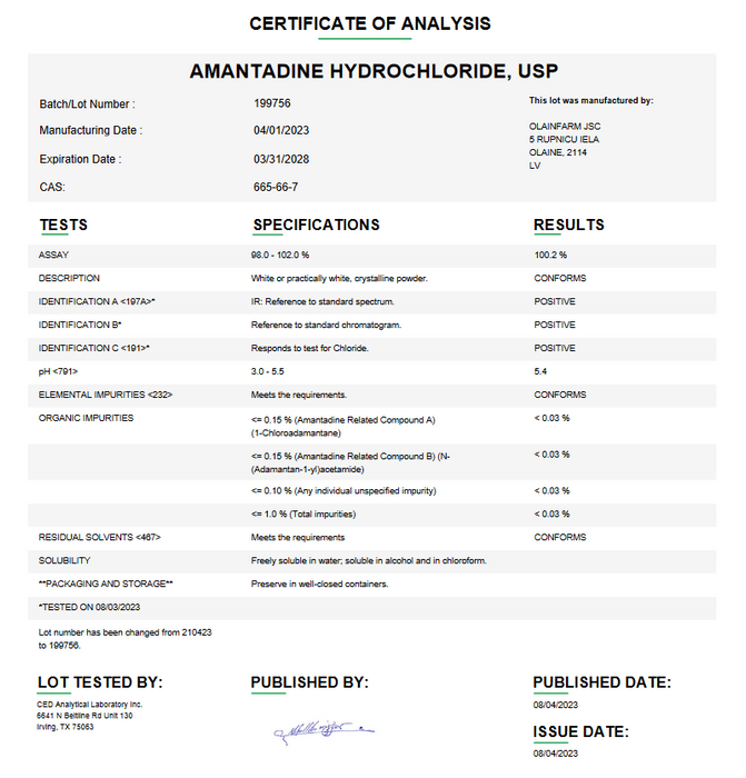 Amantadine Hydrochloride USP Certificate of Analysis