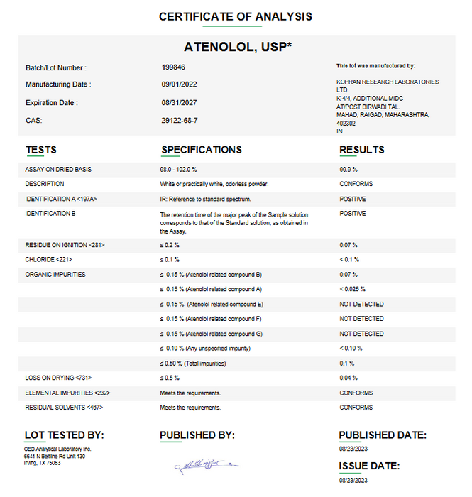 Atenolol USP Certificate of Analysis