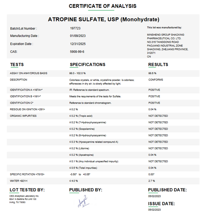 Atropine Sulfate USP (Monohydrate) Certificate of Analysis