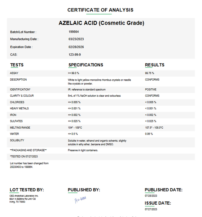 Azelaic Acid (Cosmetic Grade) Certificate of Analysis