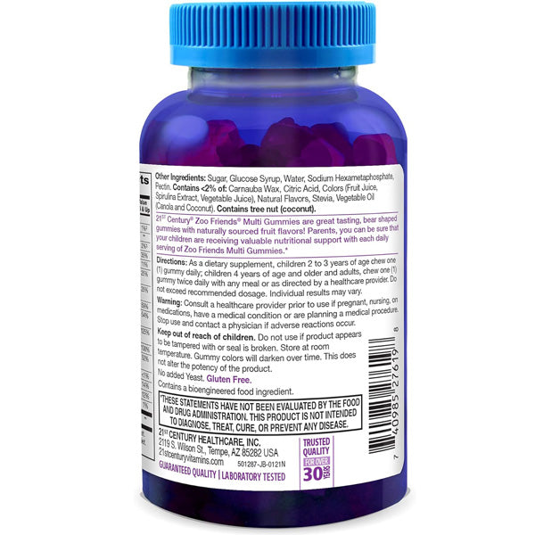 Backside Label for Zoo Friends Childrens Multivitamin Supplement Gummies,