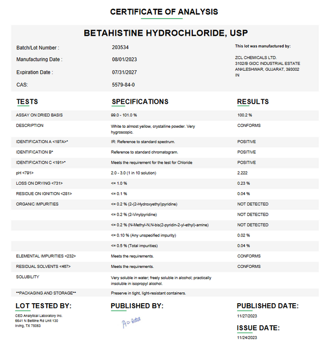 Benzyl Benzoate USP Certificate of Analysis