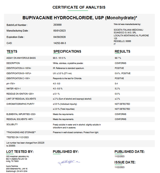 Bupivacaine Hydrochloride USP Monohydrate Certificate of Analysis