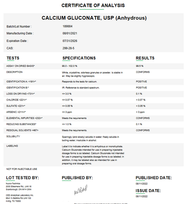 Calcium Gluconate USP (Anhydrous) Certificate of Analysis