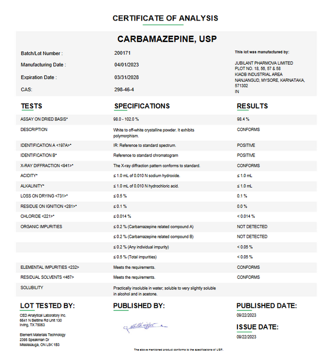 Carbamazepine USP Certificate of Analysis