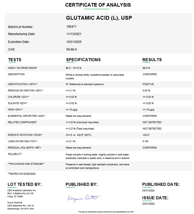 Glutamic Acid USP For Compounding (API)