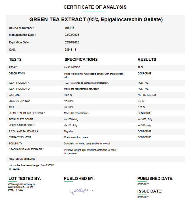 Certificate of Analysis for Green Tea Extract 95% USP (Epigallocatechin Gallate) 