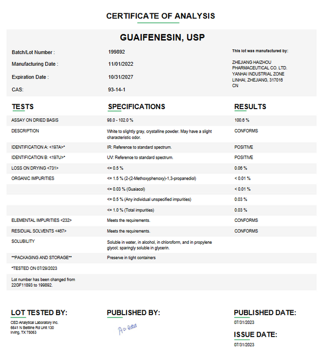 Certificate of Analysis for Guaifenesin USP