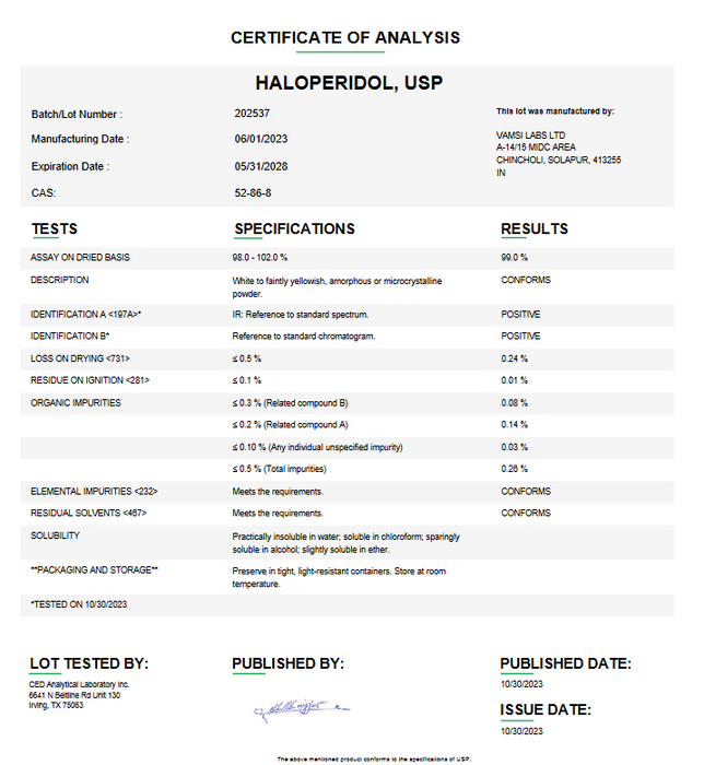 Certificate of Analysis for Haloperidol USP For Compounding (API)