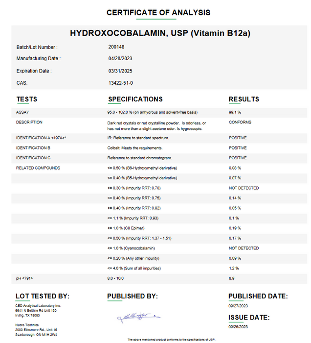 Certificate of Analysis for Hydroxocobalamin (Vitamin B12A) USP For Compounding (API)