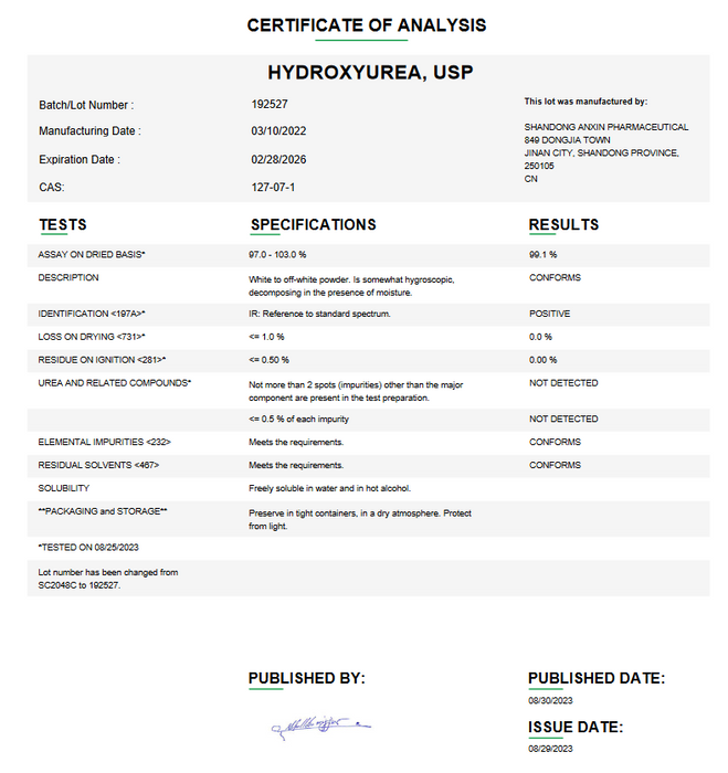 Certificate of Analysis for Hydroxyurea USP For Compounding (API)