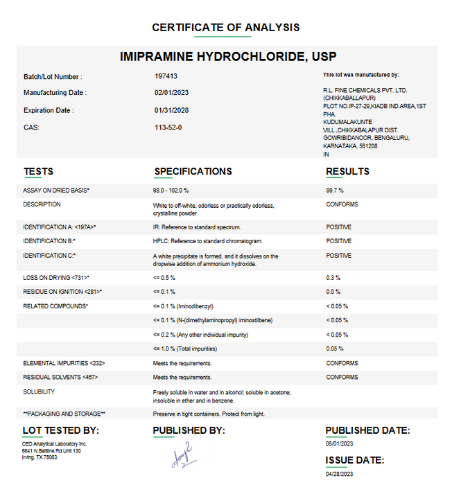 Certificate of Analysis for Imipramine Hydrochloride USP For Compounding (API)