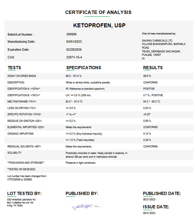 Ketoprofen USP For Compounding (API)