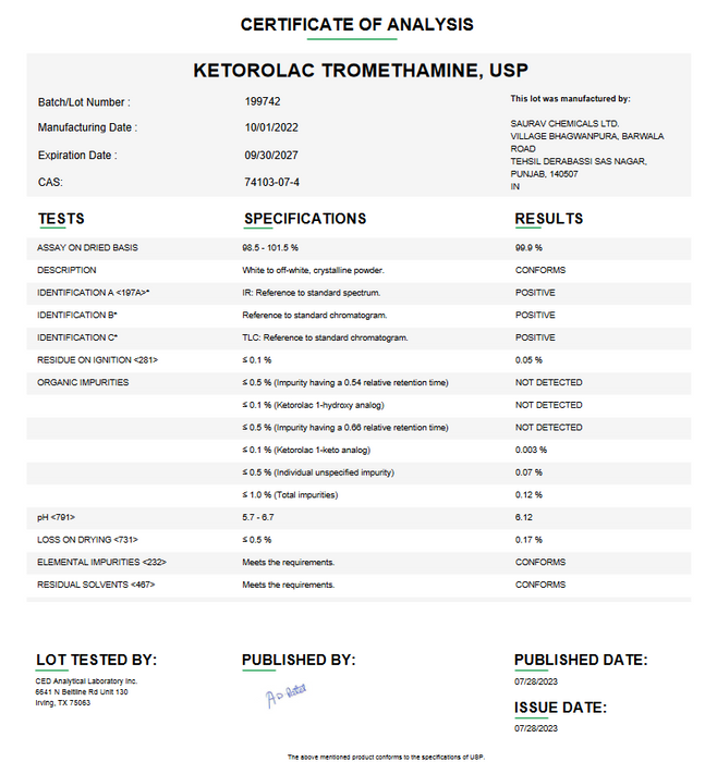 Ketorolac Tromethamine USP For Compounding (API)