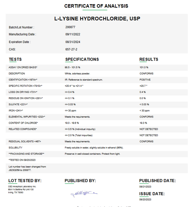 Certificate of Analysis for L-Lysine Hydrochloride