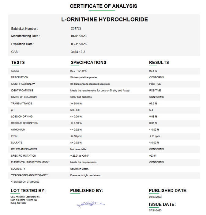 Certificate of Analysis for L-Ornithine Hydrochloride USP For Compounding (API)
