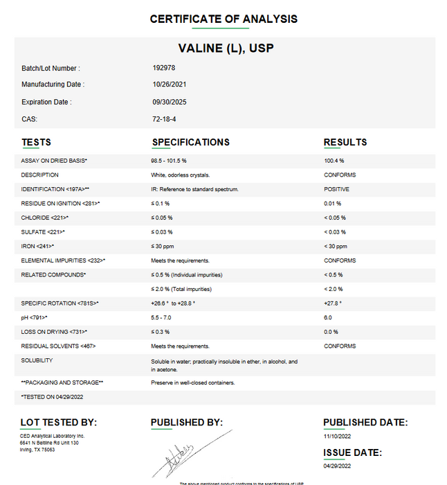 Valine (L) USP For Compounding (API)
