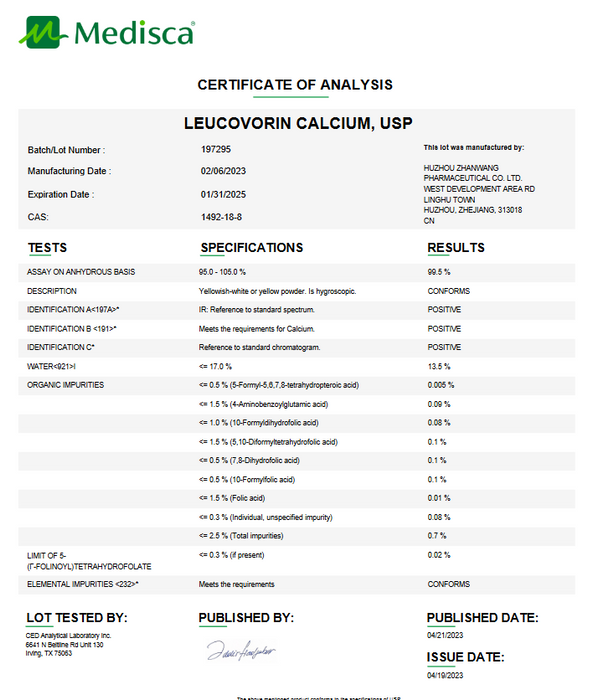 Certificate of Analysis for Leucovorin Calcium USP For Compounding (API)