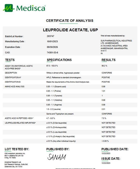 Certificate of Analysis for Leuprolide Acetate USP For Compounding (API) 