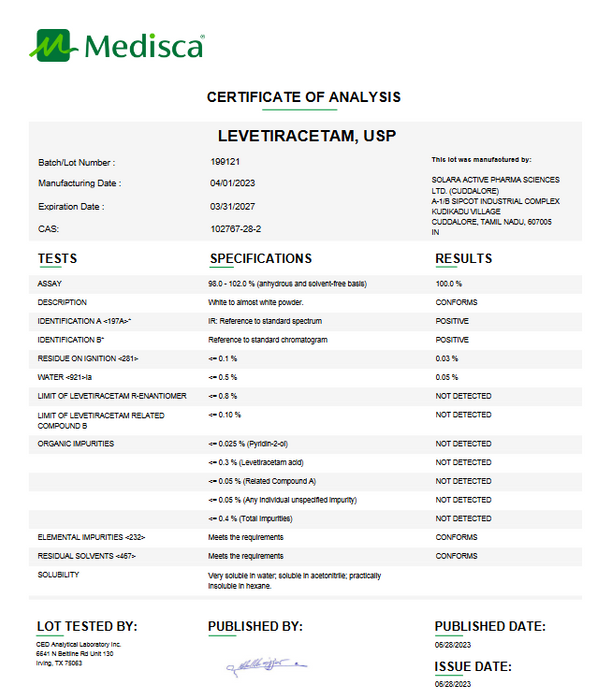 Certificate of Analysis for Levetiracetam USP For Compounding (API)