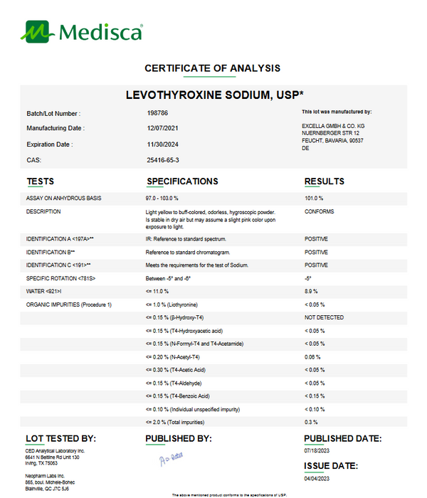 Certificate of Analysis for Levothyroxine Sodium USP For Compounding (API)
