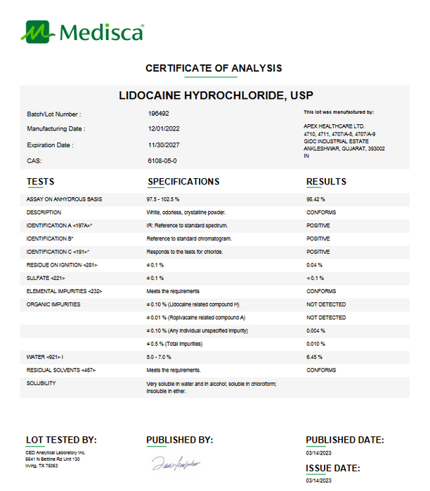 Certificate of Analysis for Lidocaine Hydrochloride USP For Compounding (API)