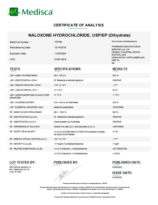 Certificate of Analysis for Naloxone Hydrochloride USP (Dihydrate) For Compounding (API)