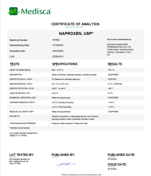 Certificate of Analysis for Naproxen USP Powder For Compounding (API)