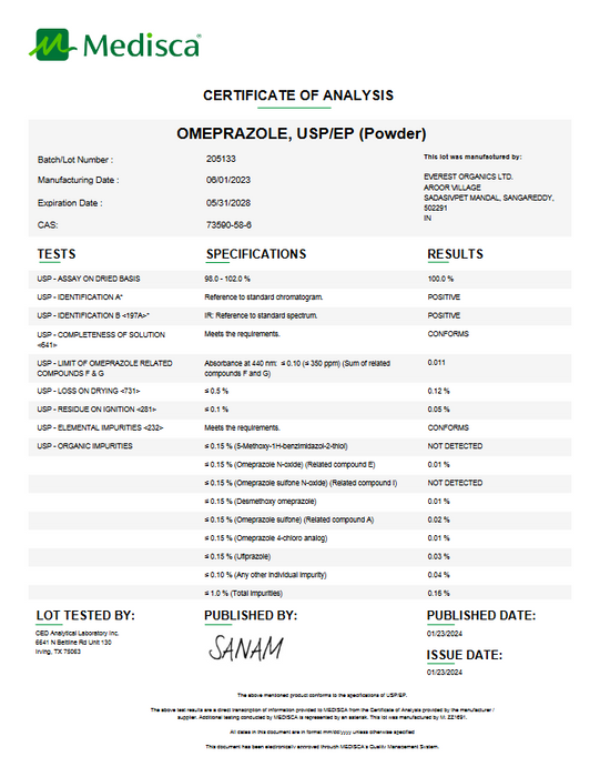Certificate of Analysis for Omeprazole USPEP Powder For Compounding (API)
