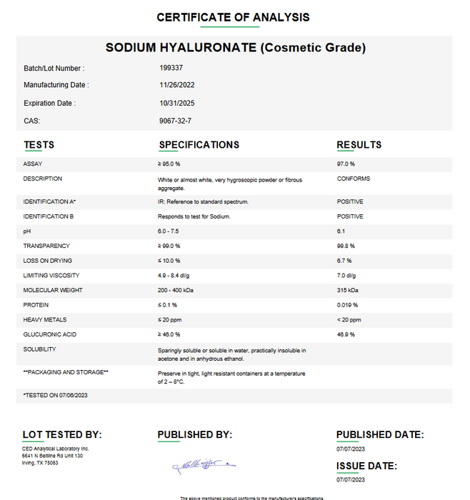 Certificate of Analysis for Sodium Hyaluronate (Cosmetic Grade)