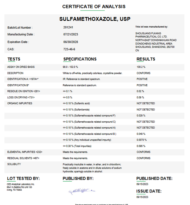Certificate of Analysis for Sulfamethoxazole USP