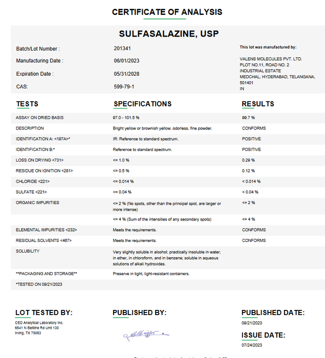 Certificate of Analysis for Sulfasalazine USP
