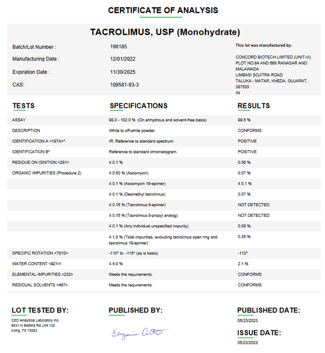 Certificate of Analysis for Tacrolimus USP