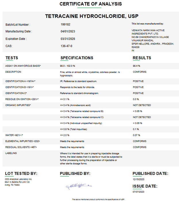 Certificate of Analysis for Tetracaine Hydrochloride USP