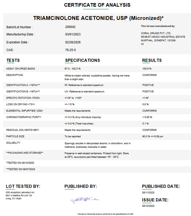 Certificate of Analysis for Triamcinolone Acetonide USP (Micronized)