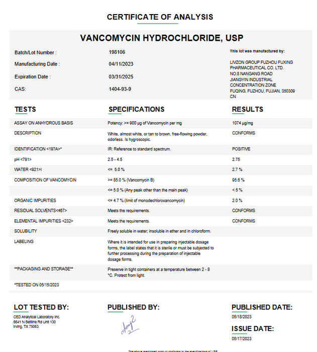 Certificate of Analysis for Vancomycin Hydrochloride USP
