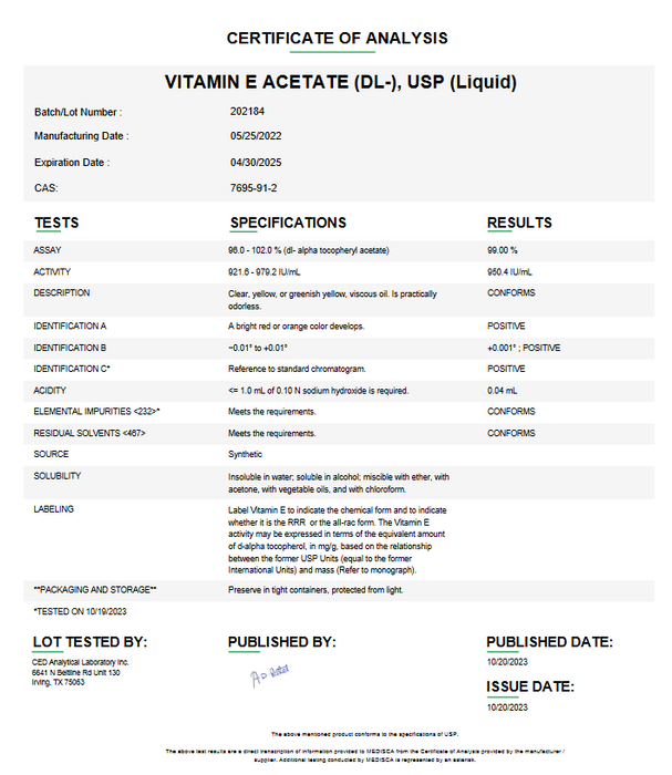 Certificate of Analysis for Vitamin E Acetate (DL) USP (Liquid)