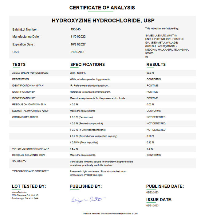 Certificate of Analysis from Hydroxyzine Hydrochloride USP For Compounding (API)