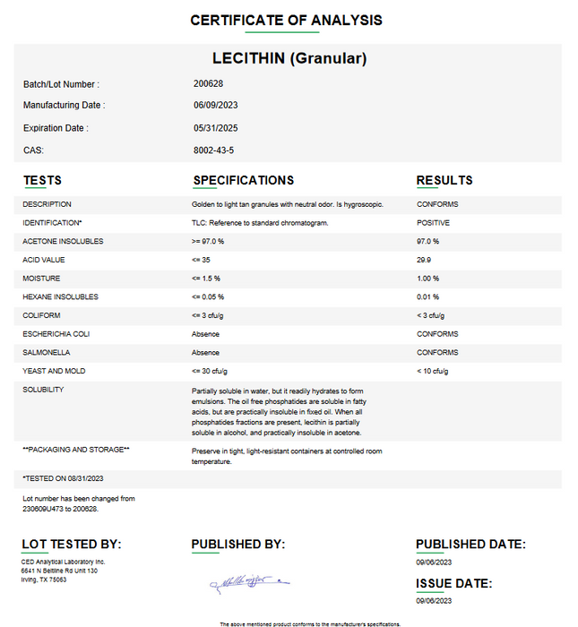 Certificate of Analysis for Lecithin USP (Granular) For Compounding (API)