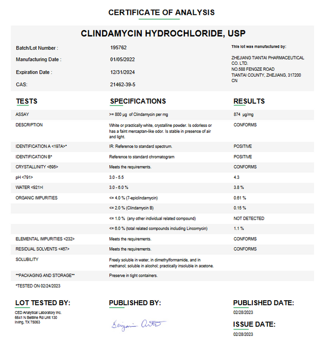 Clindamycin Hydrochloride USP Certificate of Analysis