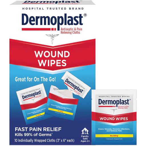Dermoplast 3-in-1 Wound Wipes Medicated First Aid Cloths 10 Pack