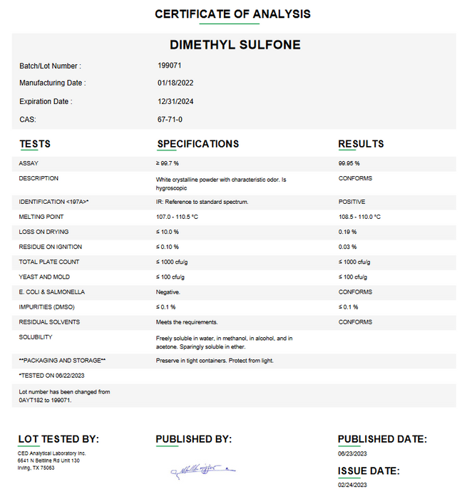 Dimethyl Sulfone USP Certificate of Analysis