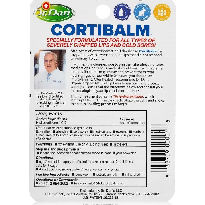 Drug Facts and back label for Dr. Dan’s CortiBalm Lip Balm 